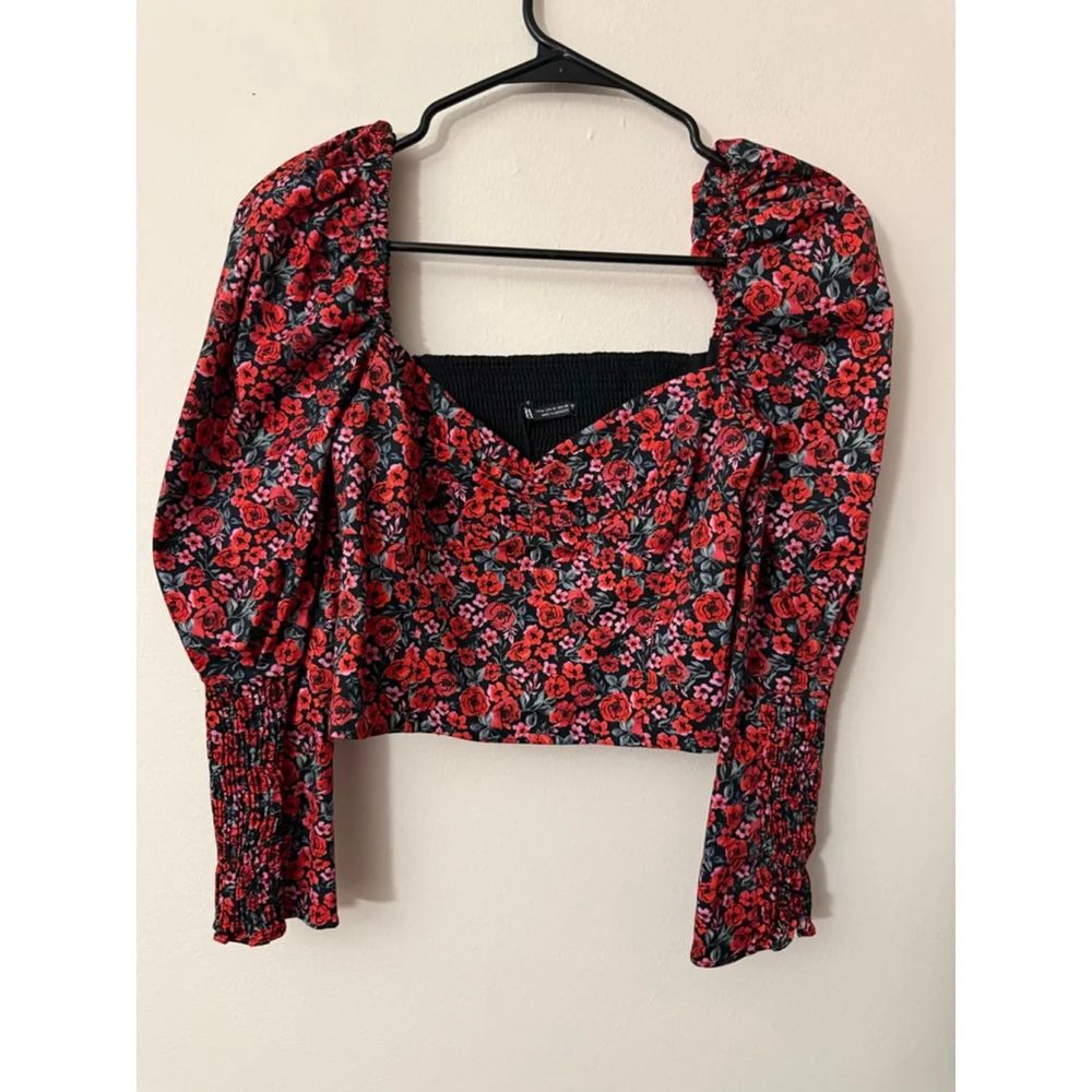 Women's Zara Red Floral Crop Top with puff shoulder size M - Picture 2 of 4